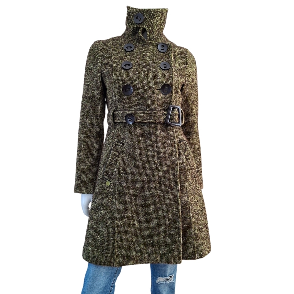 Soia & Kyo wool blend tweed Double Breasted dress coat green & brown Size M - Picture 3 of 15